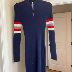 Blue, white, and red dress